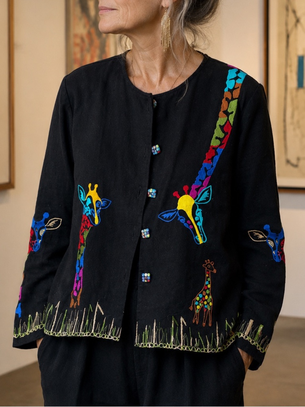 Daniel K art to wear gallerycore Black Jacket Multicolor Giraffe Appliqué S